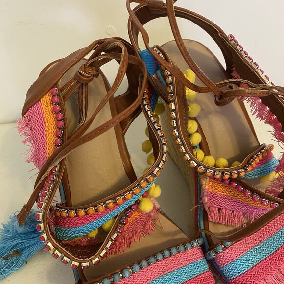 Y2K 2000s Mark Wedges Women 9 Boho Colorful 6.75” Heels Ankle Strap Rhinestone - Picture 3 of 9